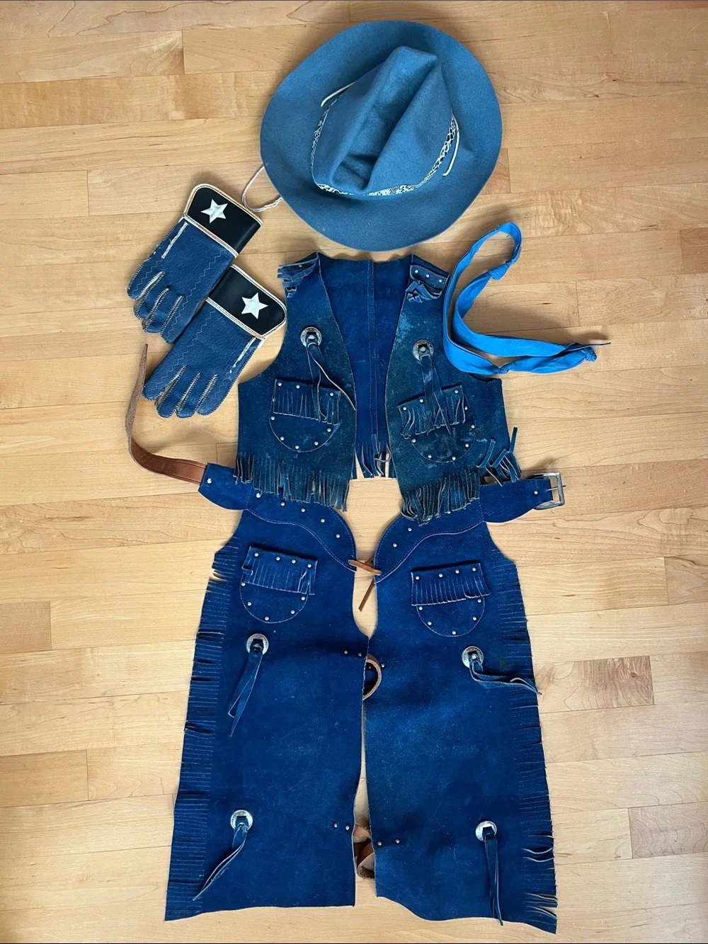 🤠2T-3T Vtg 70s Sears Blue Suede Kids Cowboy Costume Set Vest Chaps Ranchtone Hat